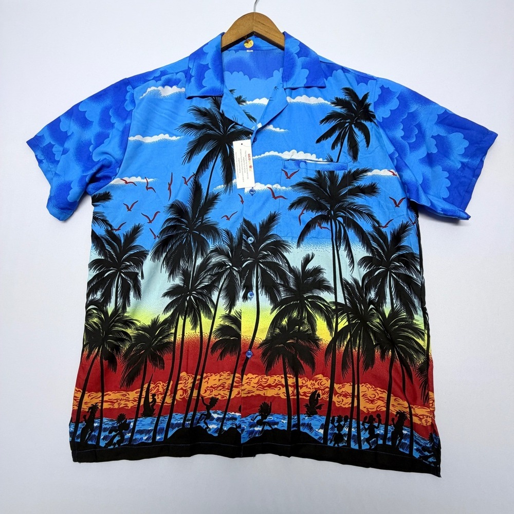 Red Star Mens Hawaiian Shirt XL Blue Tropical Palm Tree Sunset Terivoile Button